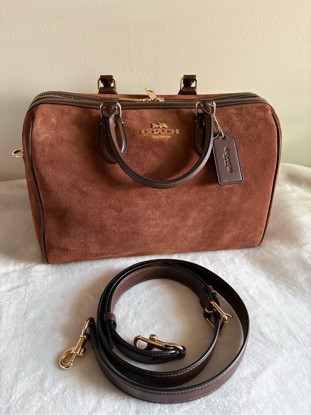 Coach Brown Suede Satchel with Dark Brown Trim and Gold Hardware